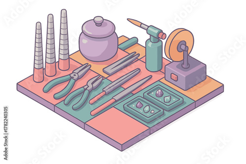 Isometric setup of goldsmith tools and equipment for crafting rings and setting gemstones