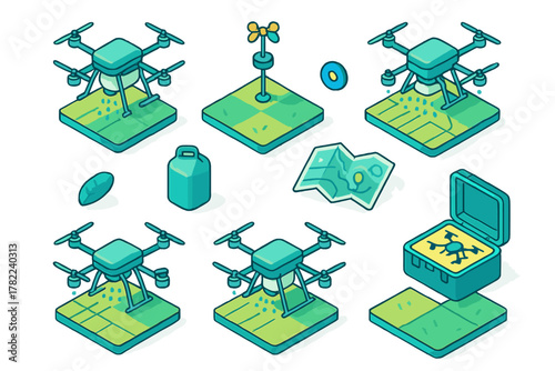 Isometric elements depicting smart agriculture technology, farming drones, and monitoring equipment