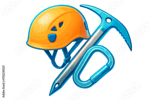 Protective helmet, ice axe, and carabiner safety equipment for mountain climbing