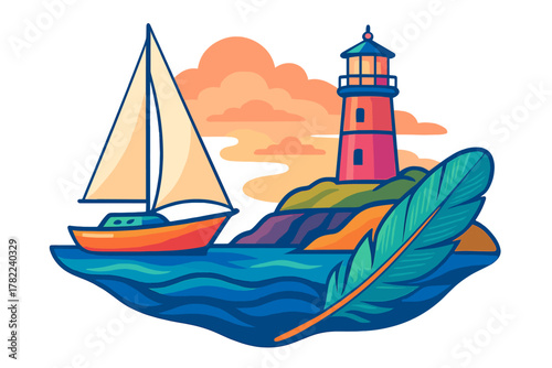 Colorful coastal scene with a sailing boat, lighthouse on a cliff, and a prominent feather in the foreground