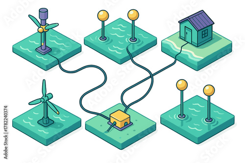 Isometric smart grid network diagram showing wind turbines distributing renewable energy to a house