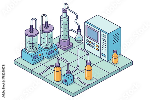 Scientific laboratory setup featuring bioreactors, mixing equipment, and analytical machinery
