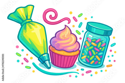 Brightly colored cupcake with frosting, piping bag, and jar of rainbow sprinkles for baking