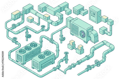 Isometric diagram of complex industrial heating ventilation and air conditioning system components