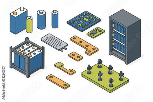 Isometric components collection for battery energy storage systems: cells, modules, racks, and circuit boards