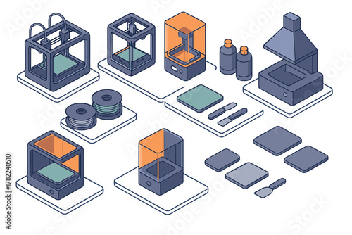 Isometric 3D printing equipment set including FDM and resin printers, filament, and additive manufacturing tools