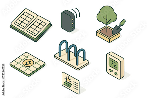 Isometric sustainable living, smart home devices, and environmental elements