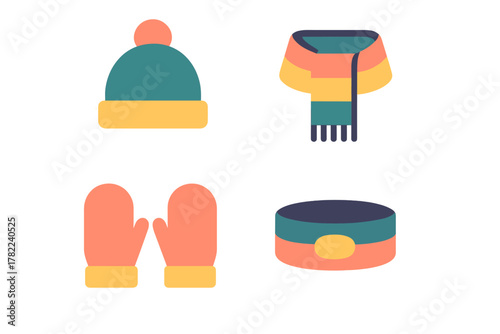 Colorful set of winter accessories including a beanie hat, striped scarf, and warm mittens