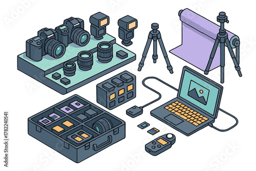 Professional photography equipment setup with cameras lenses flashes and studio accessories