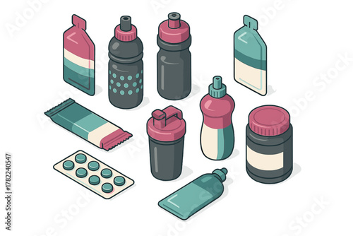 Isometric collection of sports nutrition supplements, protein shakers, energy bars, and hydration bottles