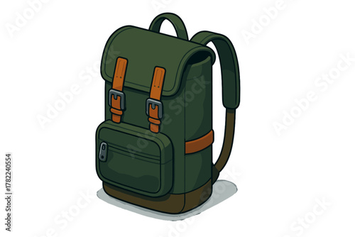 Traditional green hiking backpack with brown leather straps and buckles