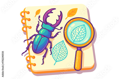 Vibrant stag beetle and magnifying glass examining botanical specimens on a science research notepad