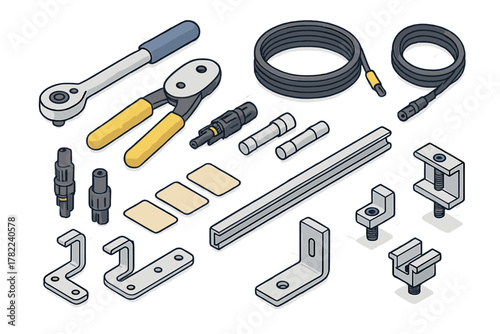Essential tools and hardware components for photovoltaic solar panel installation