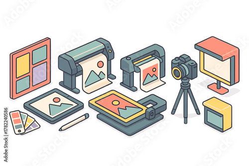 Isometric collection of graphic design, photography, and printing equipment and digital devices