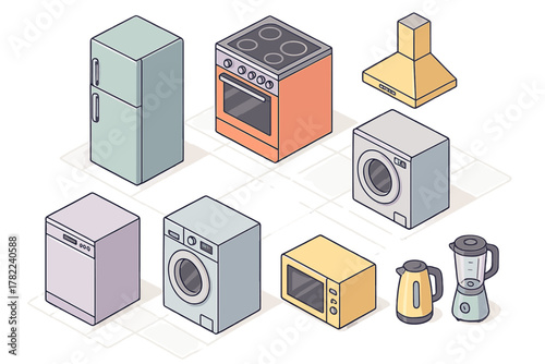 Modern household kitchen and laundry appliances collection in isometric view