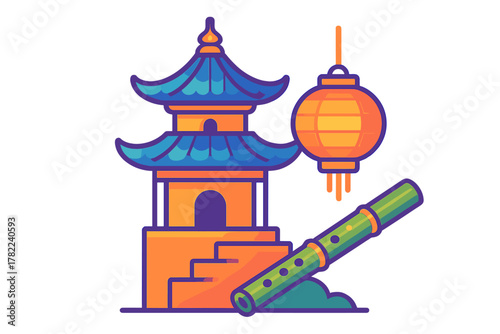Traditional East Asian pagoda structure with hanging paper lantern and bamboo flute