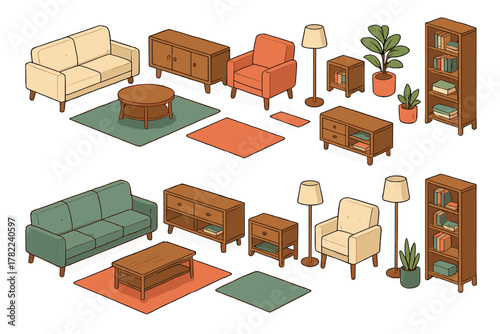 Isometric set of modern living room furniture including sofas, armchairs, tables, lamps, and bookshelves