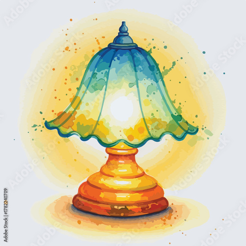 Vector Illustration of Vintage Desk Lamp with Decorative Shade in Watercolor Style