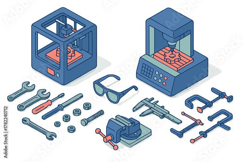 Isometric collection of modern manufacturing equipment and traditional workshop hand tools