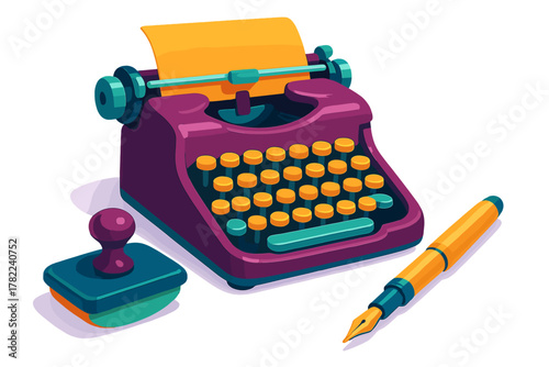Vintage purple typewriter, yellow paper, ink stamp pad, and classic fountain pen for writing concepts