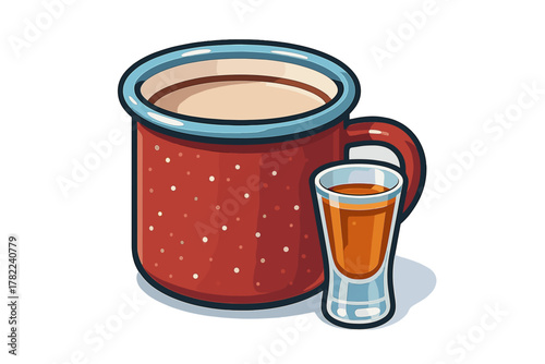 Red polka dot enamel mug with hot drink next to a shot glass of liquor