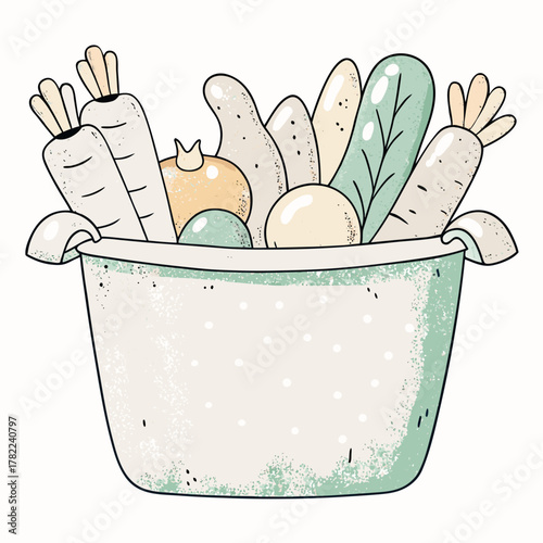 Vegetable basket filled with fresh produce on a white background  
