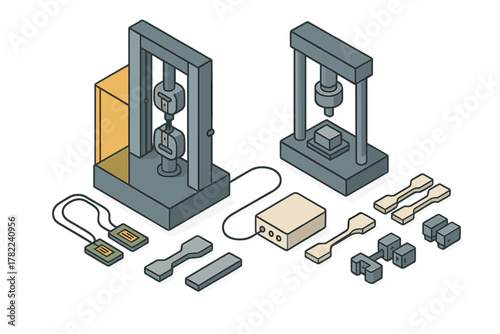 Isometric setup of universal testing machines and samples for material science and engineering quality control