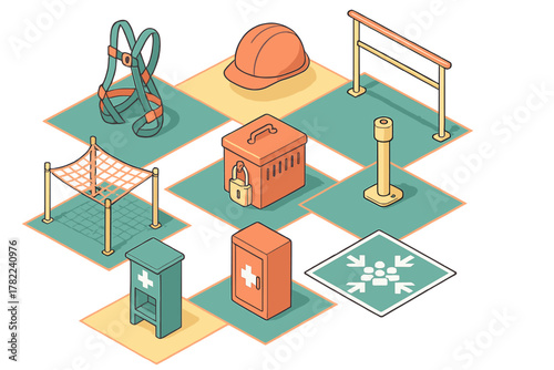 Isometric collection of essential construction and workplace safety equipment and protective gear