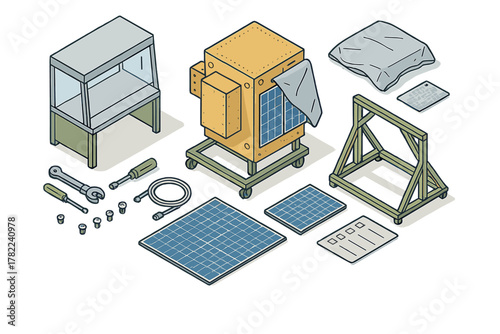 Isometric scientific hardware components, solar panels, assembly tools, and laboratory setup