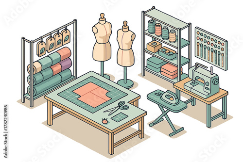 Detailed isometric view of a professional tailor workshop with sewing equipment and supplies