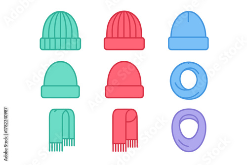 Collection of colorful winter hats and scarves accessories for cold weather fashion