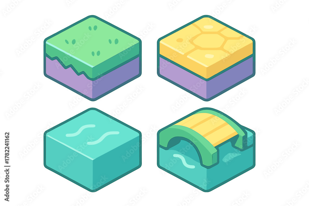 Obraz premium Isometric game tiles set for map creation showing terrain blocks: grass, desert, water, and bridge