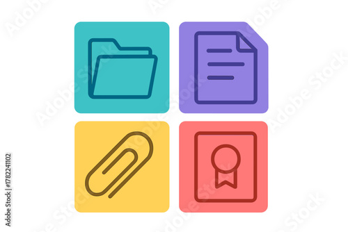 Set of essential business icons including folder document paperclip and award symbol