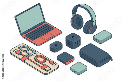 Isometric collection of modern portable electronic gadgets and accessories
