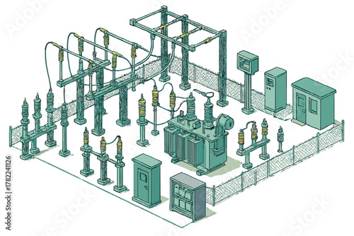 High voltage electrical substation infrastructure with transformer and insulators