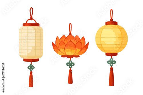 Three glowing Asian lanterns featuring cylindrical, spherical, and lotus flower designs