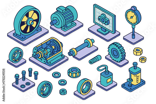 Isometric industrial mechanical components set with electric motor, bearings, gears, and maintenance tools