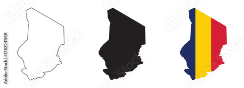 Chad map vector set with editable country outline black silhouette and national flag featuring blue yellow red vertical stripes for geography, education, and cultural illustration projects