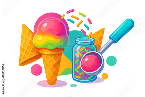 Colorful rainbow ice cream cone, jar of sweet sprinkles, and metal scoop