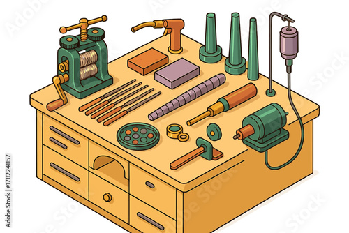 Detailed isometric jeweler's bench with essential tools for metalworking and jewelry creation