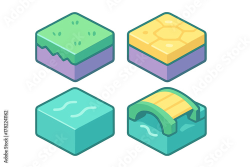 Isometric game tiles set for map creation showing terrain blocks: grass, desert, water, and bridge