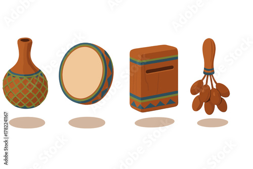 Stylized collection of traditional percussion instruments including shakers drum and wooden box