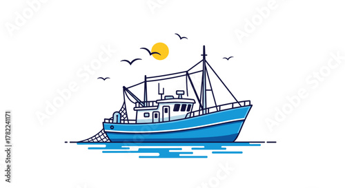 Vibrant blue fishing trawler sails on calm ocean waves under a bright yellow sun with soaring seagulls overhead