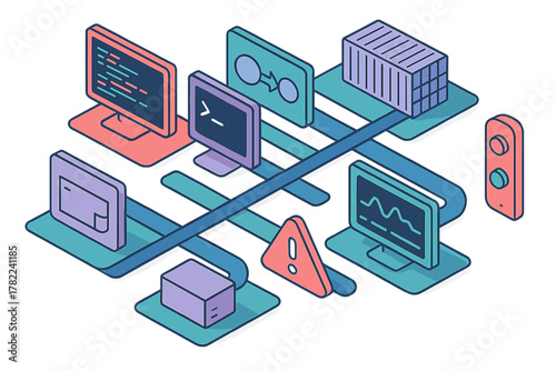 Isometric view of complex network architecture with data flow, servers, and critical system error warning