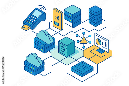 Secure digital network infrastructure connecting payment terminals, mobile devices, cloud storage, and data servers with security measures