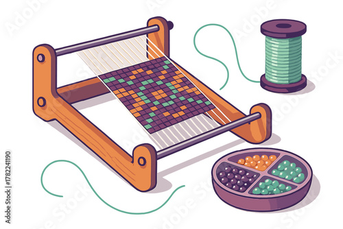 Isometric view of a tabletop weaving loom setup with yarn spool and craft beads
