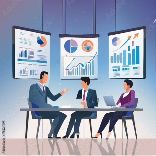 Corporate Analytics Meeting Room with Hanging Data Charts and Team Discussion