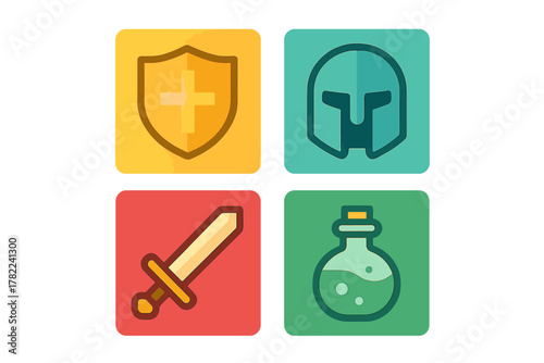Essential fantasy role-playing game assets featuring shield, helmet, sword, and potion