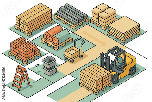 Isometric warehouse layout showing construction materials and forklift moving wooden planks