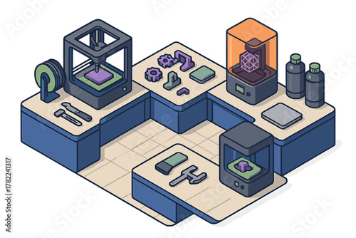 Isometric view of additive manufacturing equipment and prototyping tools in a small lab